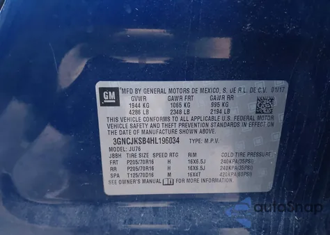 2017 Chevrolet Trax Ls из США, поврежденный, VIN 3GNCJKSB4HL196034